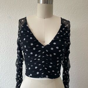 free press Black and White Polka Dot Ruched V-Neck Crop Top